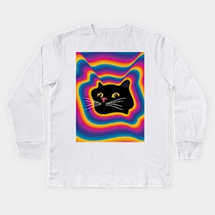 curious black cat with yellow eyes Kids Long Sleeve T-Shirt